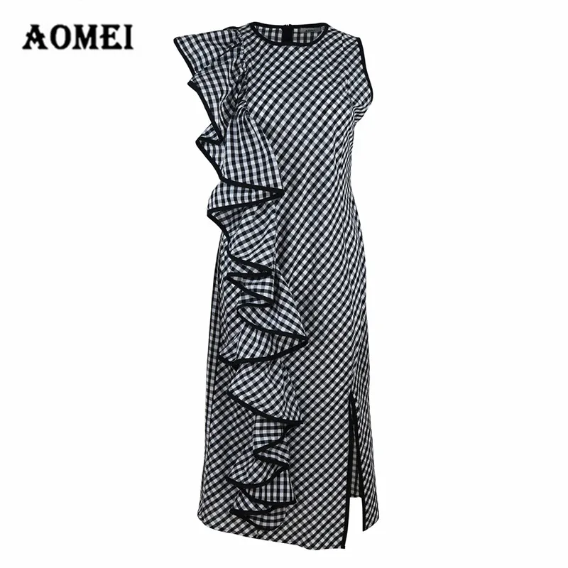 Black Retro Gingham Women Summer Dress Ruffles High Split Vintage Checkered Tunics Robe Femme Classy Sundress Ladies Party | Женская