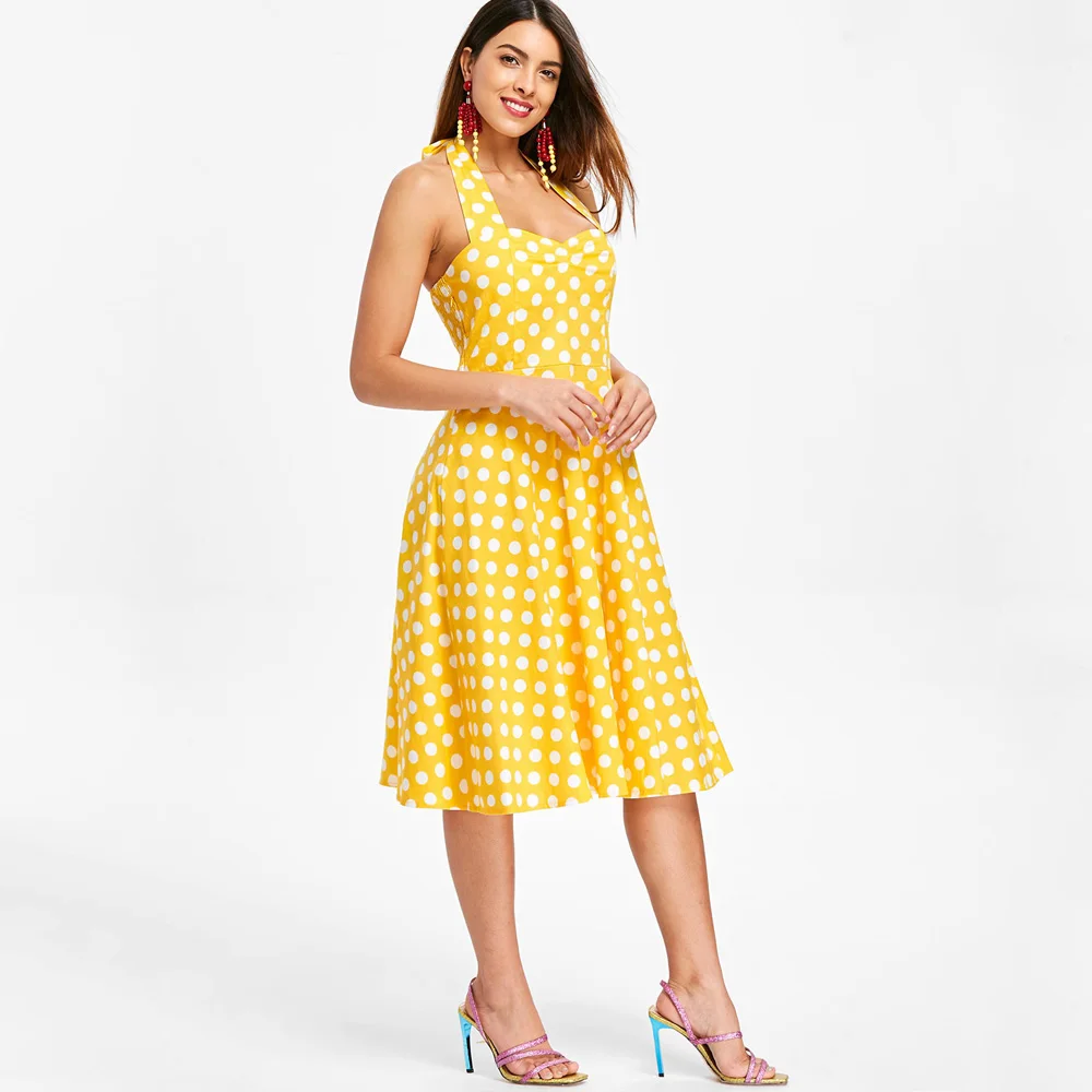 Женское винтажное платье в горошек повседневное желтое на бретельках большого