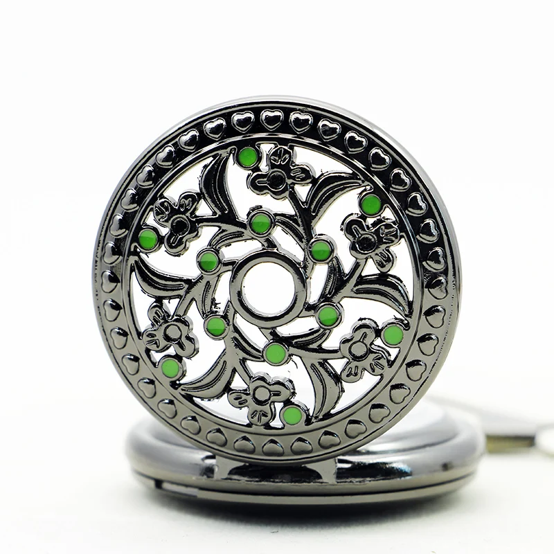 Black Hollow Flower Gem Design Mechanical Pocket Watch Retro Steampunk Gentleman Style Men's Necklace Pendant Clock
