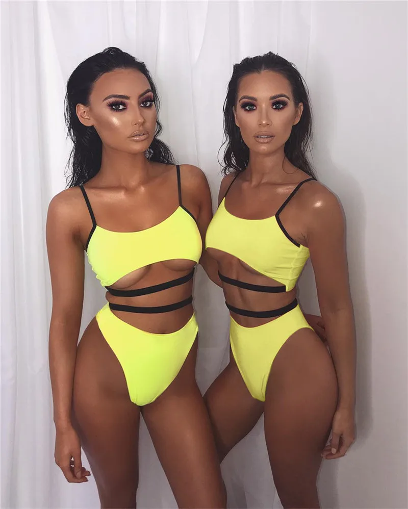 Флуоресцентный желтый боди с вырезами узкие Для женщин летние спинки Пляж
