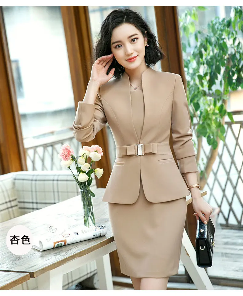 beige top and dress Элегантный Feminino деловой пиджак платье костюм плюс размер 4XL платье для офиса комплект Женский блейзер Униформа с длинным рукавом - Цвет: beige top and dress