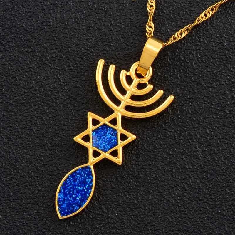 Anniyo Israel Menorah Hanukkah ожерелья серебро/золото цвет ювелирные изделия Звезда Давида исраелитов символ гексаграмма Национальный#123606 - Окраска металла: Gold Color