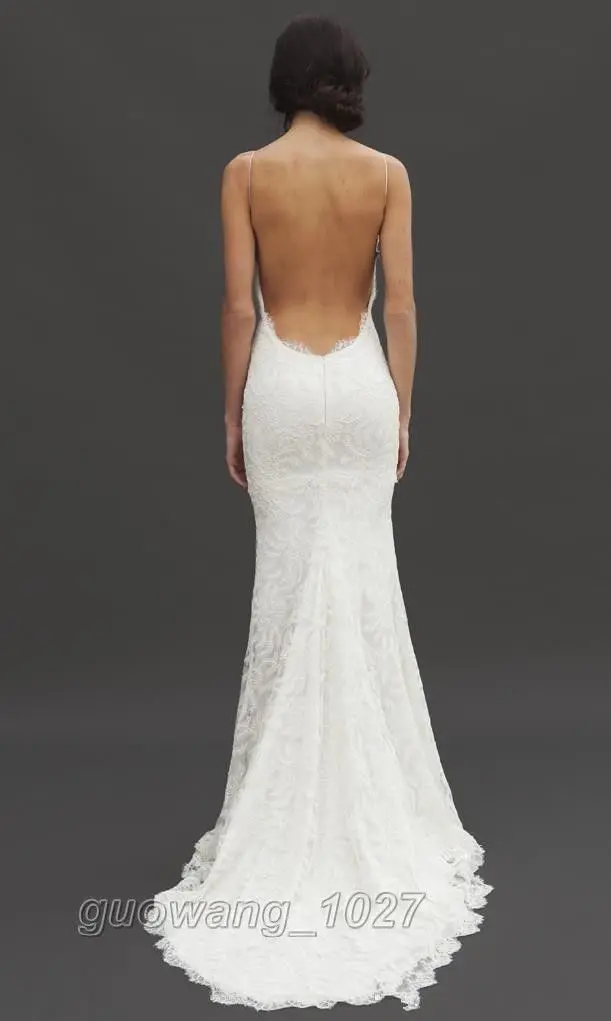 New Sexy White Ivory Lace Pattern Spaghetti Straps Backless Wedding Dresses Bridal Gown Custom Size 2-28 Train | Свадьбы и торжества