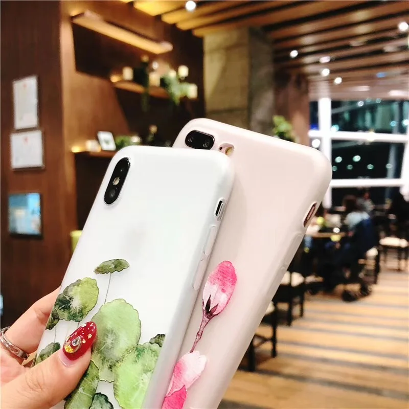 Boucho Relief Watercolor Flowers Pattern Case For iphone 6 6s 7 8 Plus Fashion Matte Soft Silicone Phone Cases X |