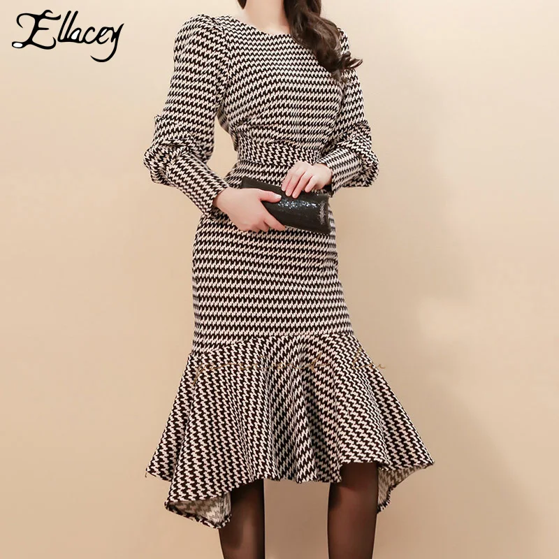 Ellacey Houndstooth Festival Mermaid Skirt Suit Ruffles Women's Sets Puff Sleeve 2 Piece Ladies Plaid Formal Party Dress | Женская