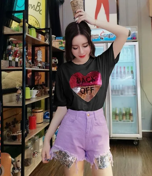 2018 модная летняя женская футболка с короткими рукавами и блестками + джинсовые