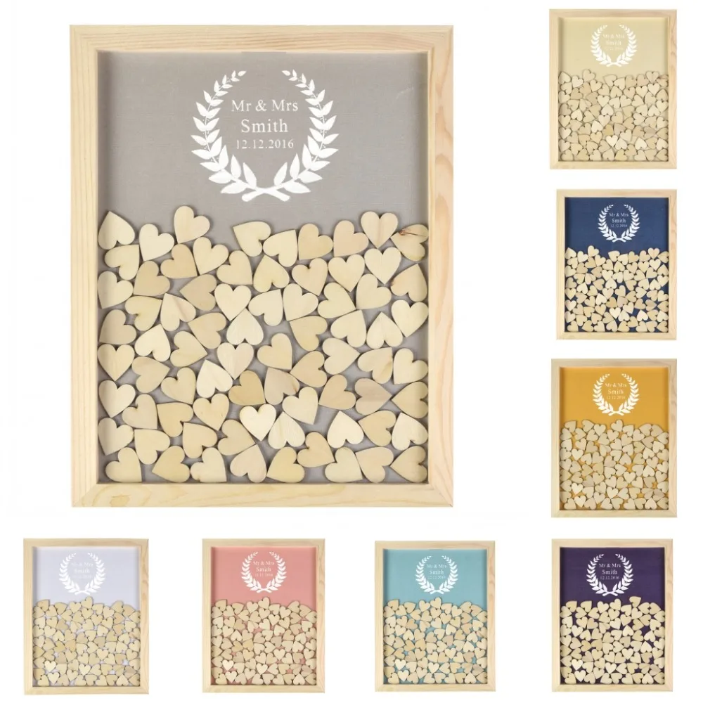 

Engraved Personalised Rustic Wooden Drop Top Frame Wedding Guest Book olive leaf Alternative Unique 130Pcs Hearts Decor