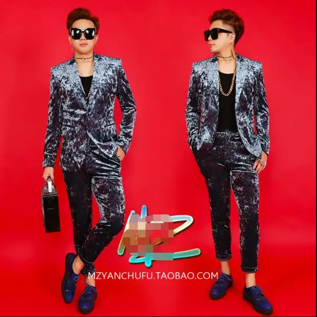 2018 Summer new male nightclub singer DJ DS stage show dress diamond velvet suit M-5XL! High quality singer's costume | Мужская