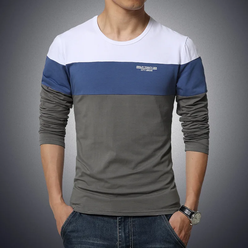 Осенняя Корейская мужская футболка в винтажном стиле с круглым вырезом длинная