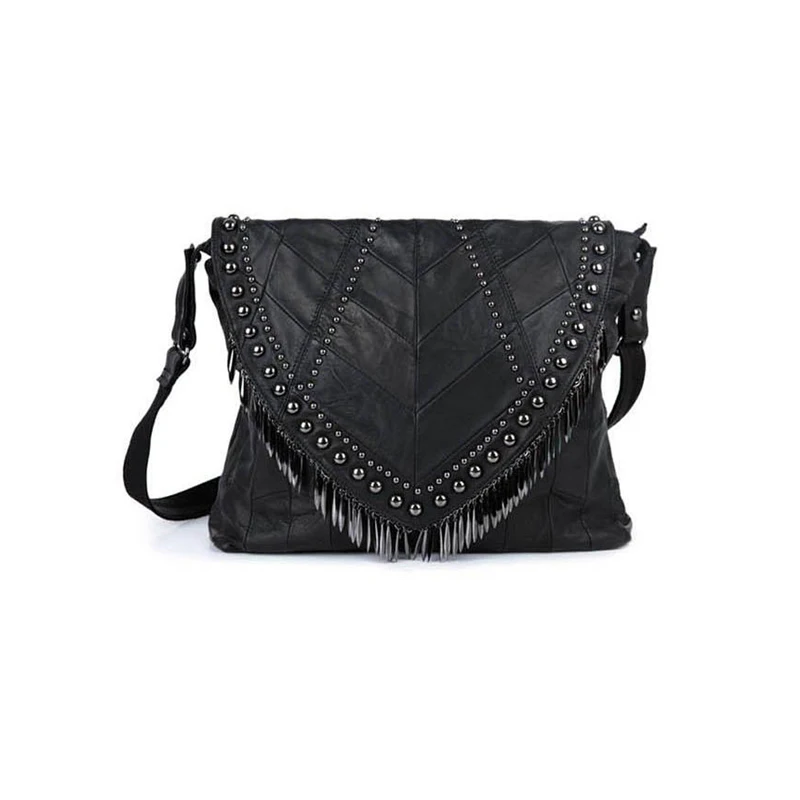 

Fashion Korean Hot Triangle Clamshell Tassels Genuine Sheepskin Patchwork Leather Rivet Handbag Portable All-Match Shoulder Bags