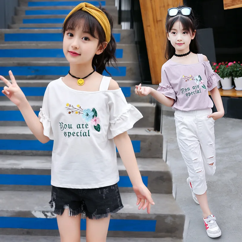 

2019 Girls Summer T Shirt Bell Sleeve Embroidery T-shirt for Girls Children Clothes 6-10 Year