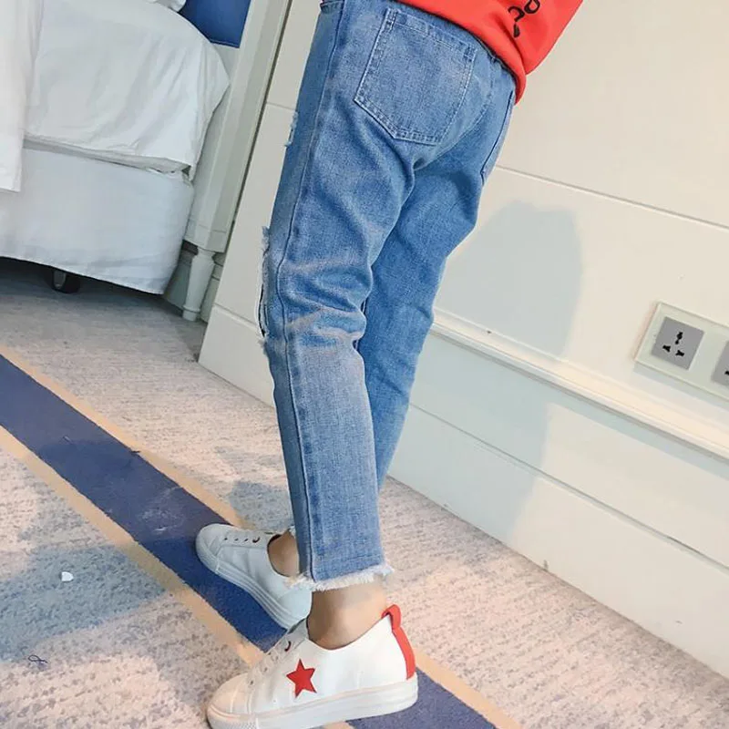 Модные джинсы для девочек детские с сетчатыми дырками 2019 г. Новые весенние От 5 до