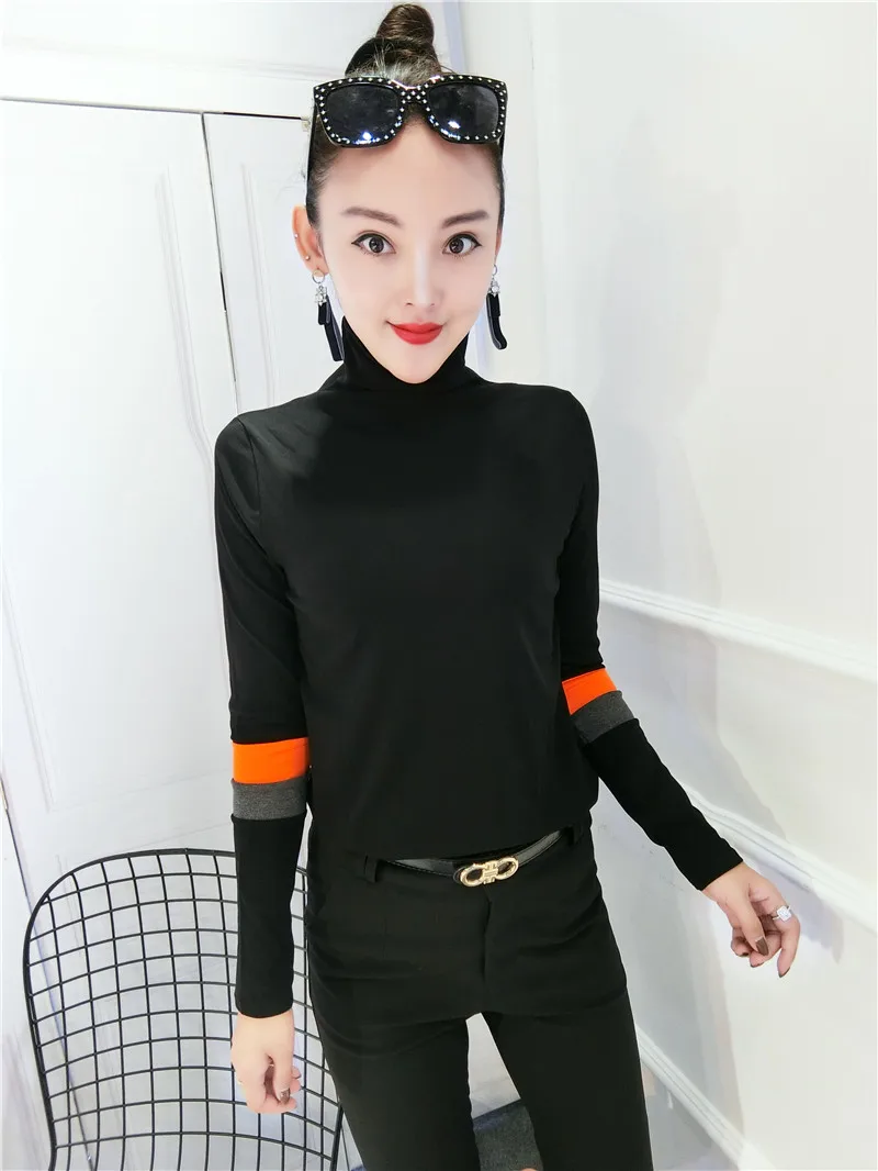 Winter Long Sleeve Turtleneck Cotton T-shirts Women Bodycone Strechy Cotton Pullovers Lady High Collar Cotton T-shirts Tops