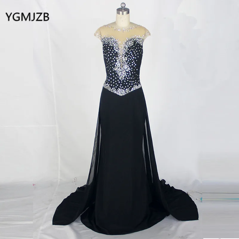 

Sexy Long Evening Dress 2019 Mermaid Sheer Scoop Beaded Crystal Backless Black Women Formal Long Prom Dress Evening Party Gowns