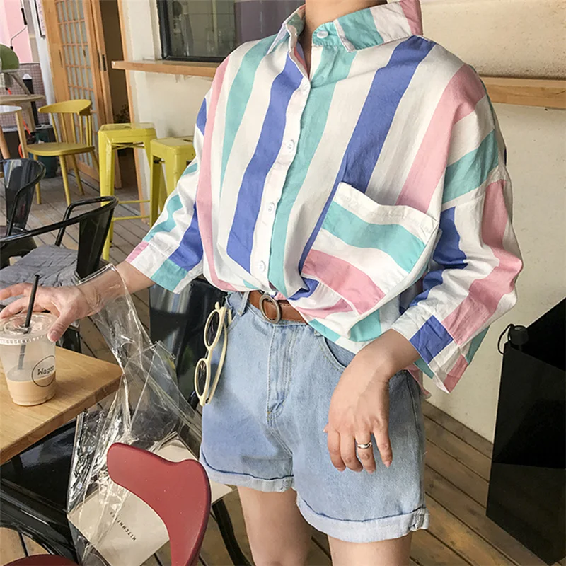 Summer New 2018 SweetLovely Fashion personalized Full Blouses Chic Women Loose Striped Print Notchedc Shirt Cute FemaleZQ142 |