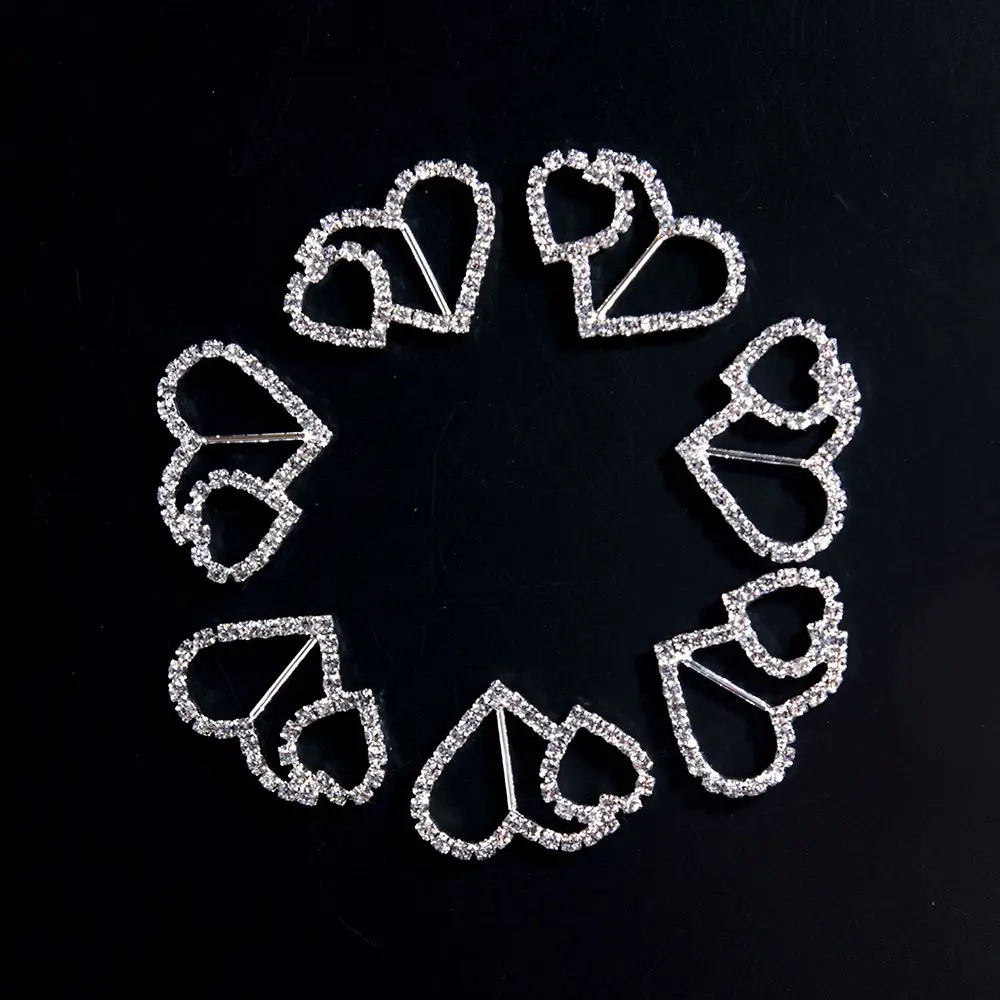 3 шт. пряжки из ленты блестящее Двойное сердце со стразами металлическая