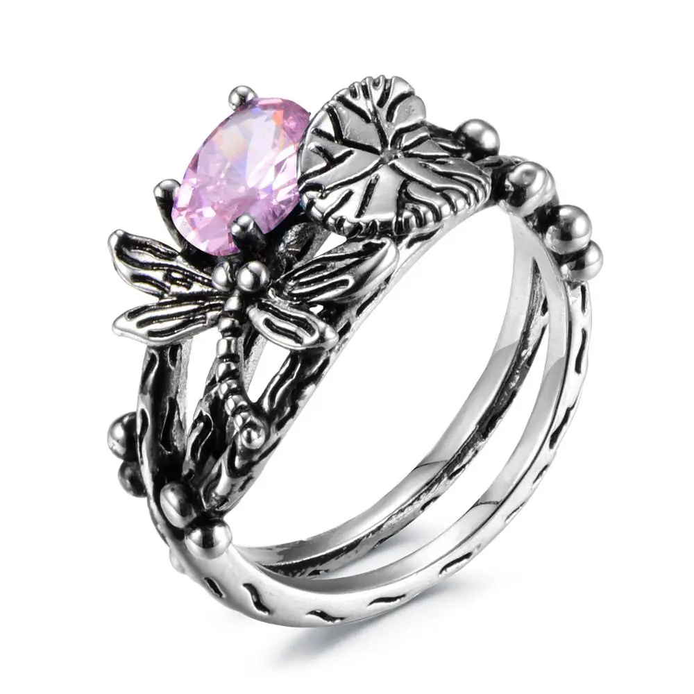

Vintage Gothic Style Dragonfly Butterfly Ring Female Multicolored Crystal Stone Ring Silver Black Metal Stainless Steel Jewelry