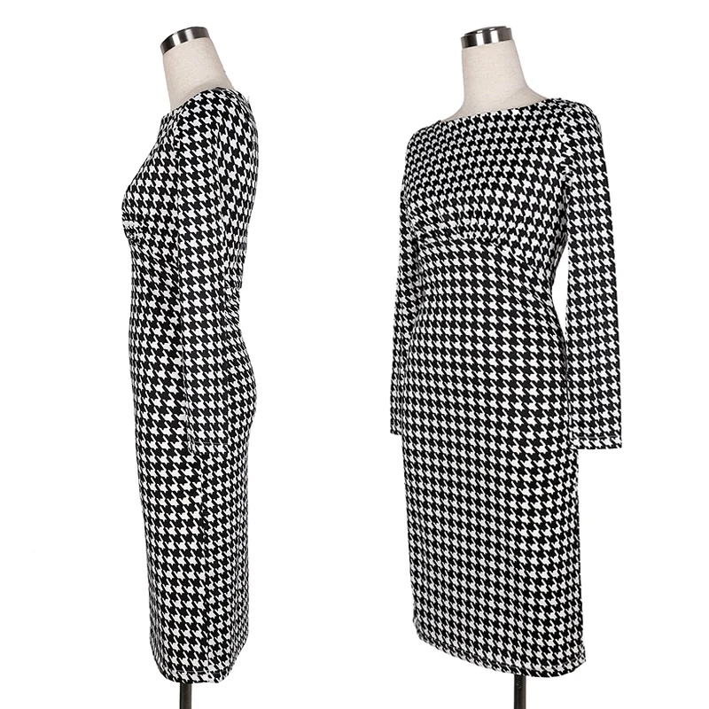 Oxiuly Newest Autumn Women Long Sleeve Elegant Dot Empire Waist Stretchy Bodycon Pencil Dresses Casual Knee-Length Dress S-XXL | Женская