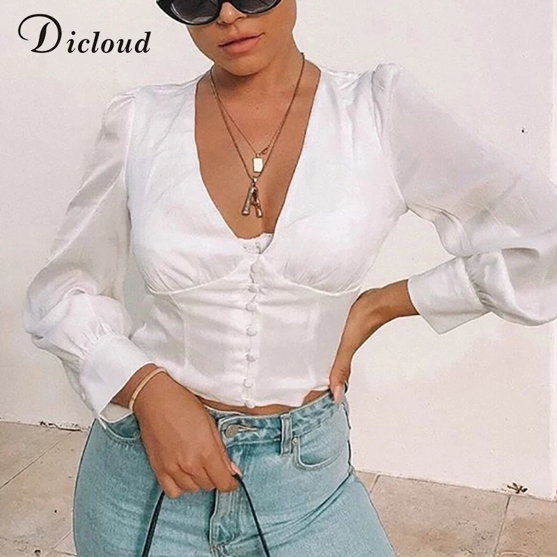 DICLOUD Элегантная белая блузка на пуговицах для женщин 2019 Осень с длинным рукавом V