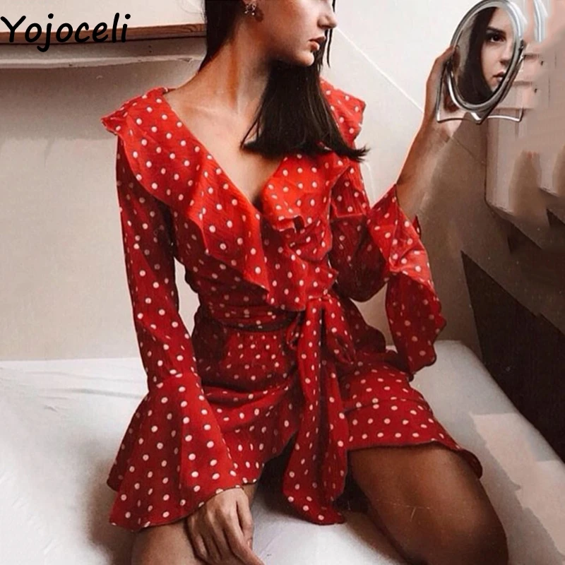 Женская блузка в горошек Yojoceli Весенняя с рюшами и открытыми плечами клетку