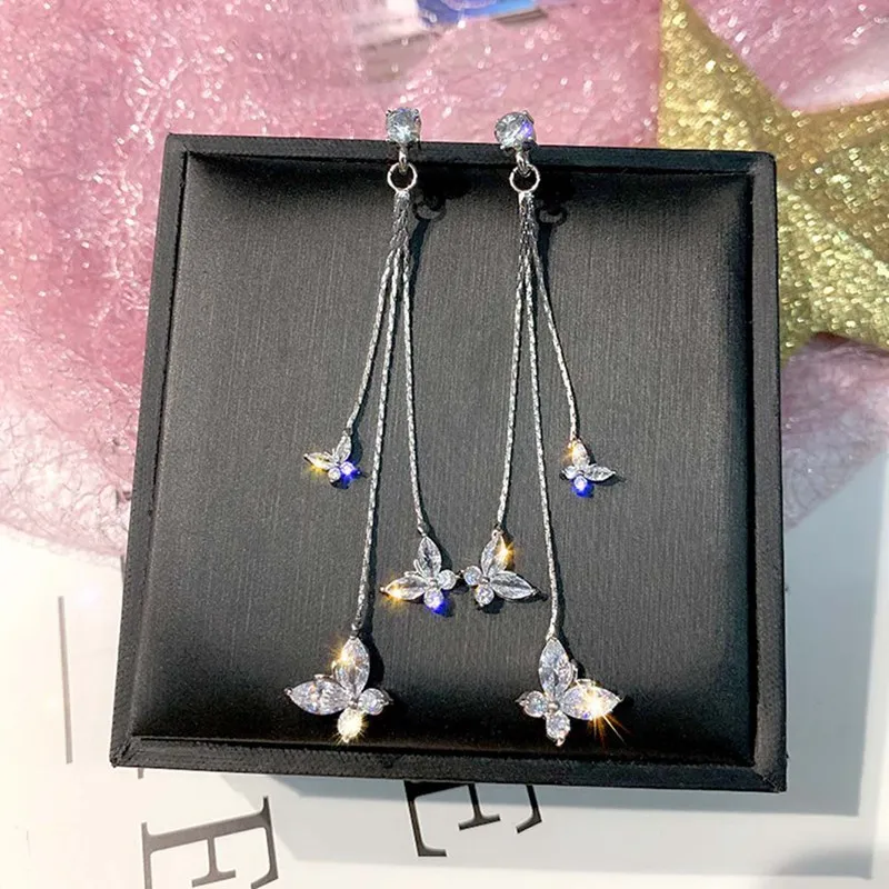 Блестящие три бабочки Кристальные Висячие серьги для женщин Bijoux длинные висячие
