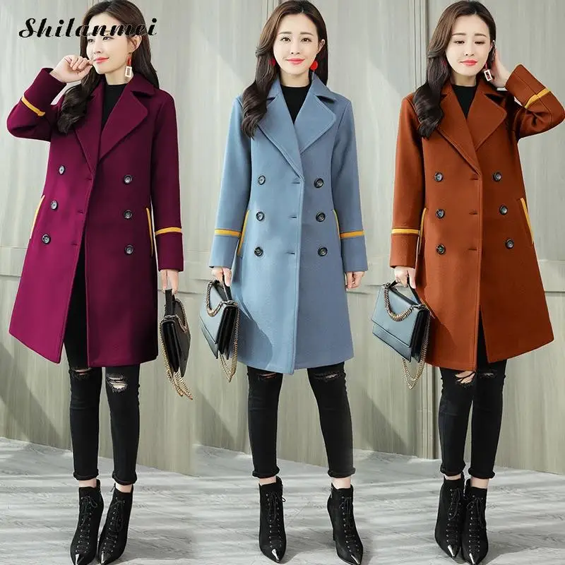 2019 зимние Для женщин Шерстяное пальто элегантный двубортный Карманы модная