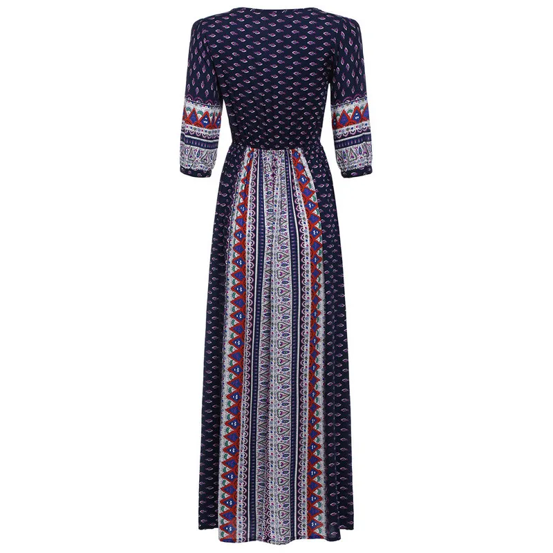 Новые женские повседневные летние платья Boho Длинное Макси вечернее платье с v-образным вырезом пляжное платье сарафан с коротким рукавом