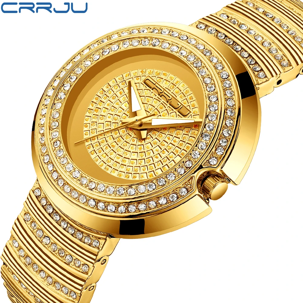 

CRRJU Women Golden Watch Ladies Elegant Luxury Crystal Diamond WristWatch Female Waterproof Quartz relogio feminino