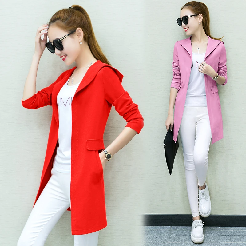 Женская ветровка с капюшоном однотонный длинный тонкий кардиган в Корейском