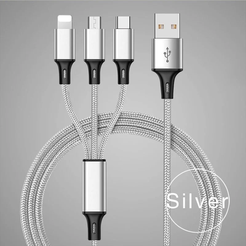 Серебристый 3 в 1 USB кабель 2 в 1 type C 8Pin Micro USB кабель для зарядного устройства для IPhone 8 7 6 6 S Plus IOS 10 9 8 USB-C Android Кабели для телефонов - Цвет: Серебристый