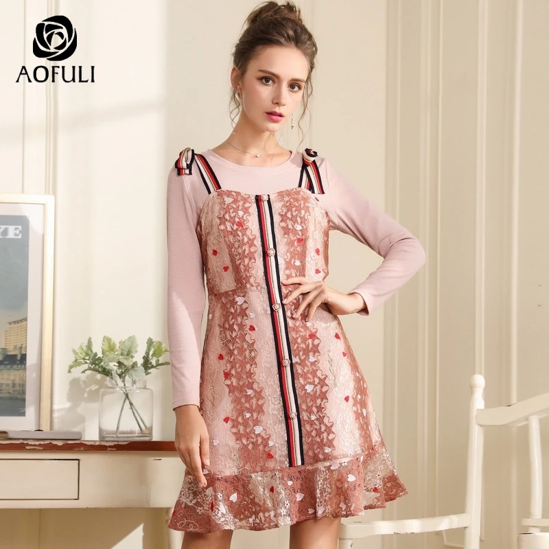 Женское кружевное платье AOFULI Осеннее трикотажное на бретельках с длинным