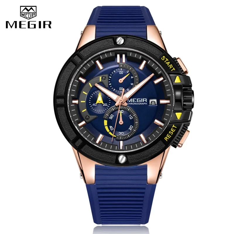 Blue Relogio Masculino, мужские спортивные часы MEGIR, военные часы с силиконовым хронографом, кварцевые мужские часы, мужские повседневные водонепроницаемые наручные часы с датой - Цвет: Blue
