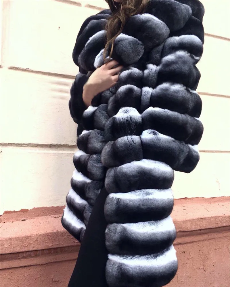 style 3 Натуральный зимний настоящий Шиншилла Шуба из кролика Рекс с большим отложным воротником длинный Полный Пелт куртка с мехом кролика рекс из натуральной RB-089 - Цвет: style 3