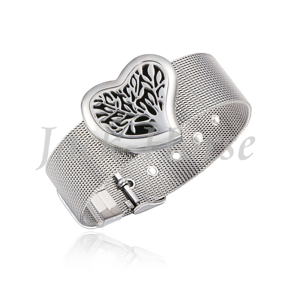 

Серебряное дерево жизни в форме сердца (30 мм) с металлической сеткой из нержавеющей стали, браслет для ароматерапии