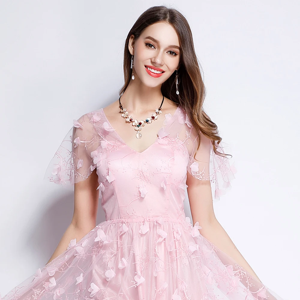B0009 nuevo vestido de baile de graduación Formal de tul rosa con aplicaciones cortas, vestidos sin espalda con cuello en V y línea a mini