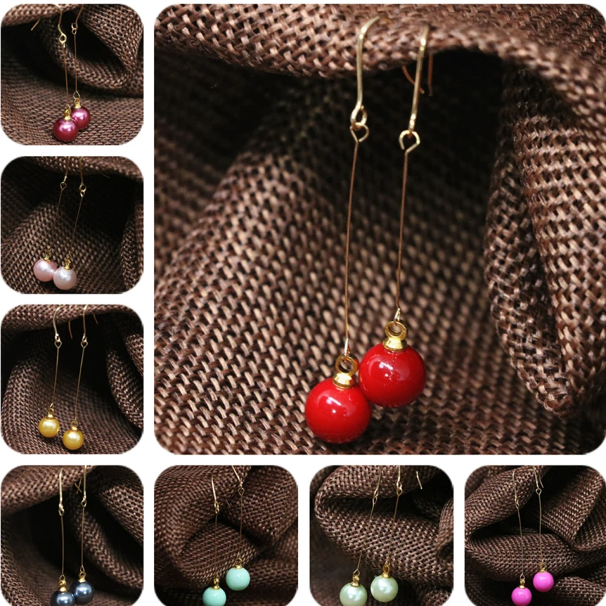 Free shipping candy colors 8 style multicolor long earrings shell pearl 8mm gold color eardrop earbob dangle jewelry B1826|long earrings|earrings