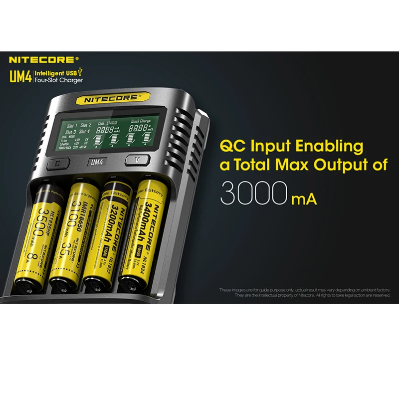 NITECOR UM4 C4 VC4 LCD Смарт зарядное устройство для Li ion/IMR/INR/ICR/LiFePO4 16500 14500 18650 26650 21700 AAA