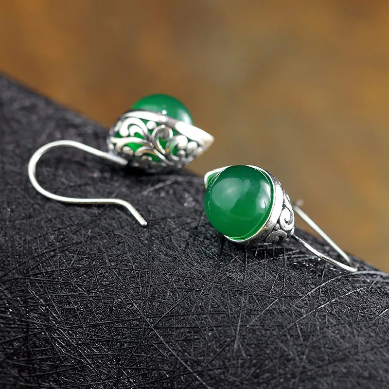 

KJJEAXCMY fine jewelry 925 pure silver jewelry Indonesian style pure manual Thai silver earrings with hollow-out lady green