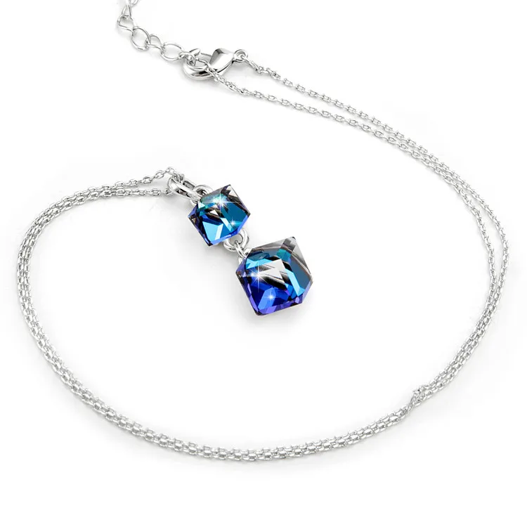 Ожерелье с кристаллами Swarovski, женское квадратное двойное ожерелье с синим кубическим кристаллом, женское ювелирное ожерелье