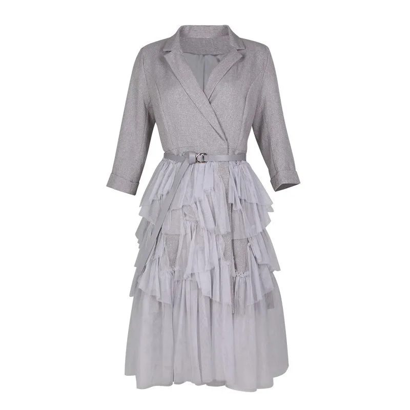 Платье TWOTWINSTYLE весеннее Сетчатое с отворотом рукавом три четверти поясом высокой