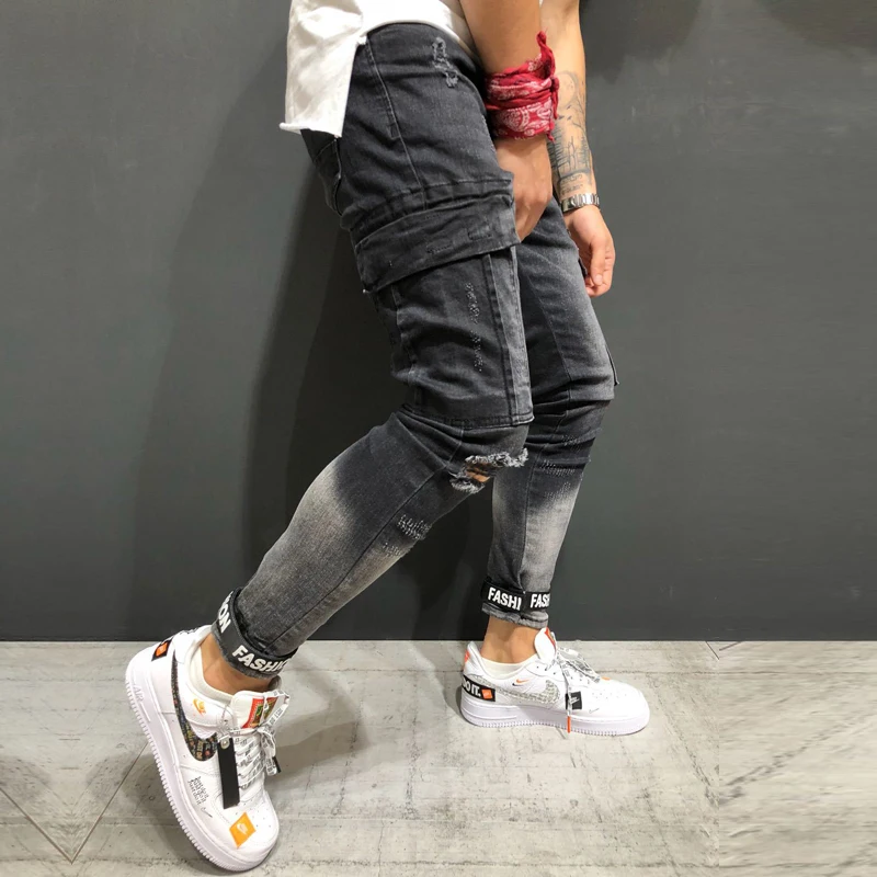 Мужские черные уничтожены моды группы лодыжки Slim Fit Denim уличная рваные джинсы с