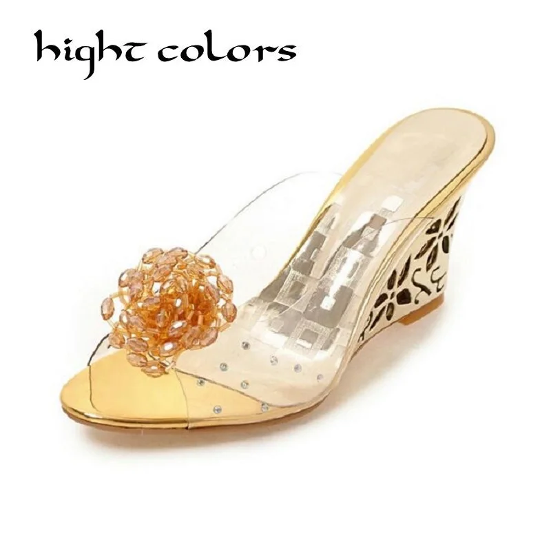 Шлепанцы на танкетке со стразами и цветами женские Босоножки с открытым носком