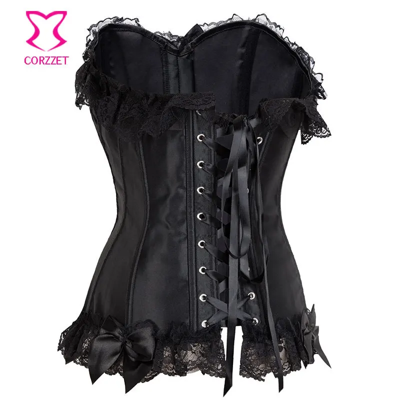 Черный сатиновый и кружевной сексуальный корсет с завышенной талией корсеты