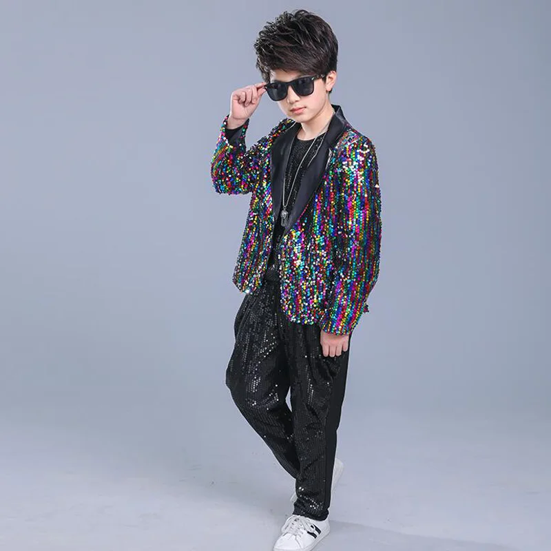 Kids Adult Sequined Pants Jacket Hip Hop Clothing Jazz Dance Costumes Suit Boys Carnival Stage wear Ballroom Dancing Outfits |