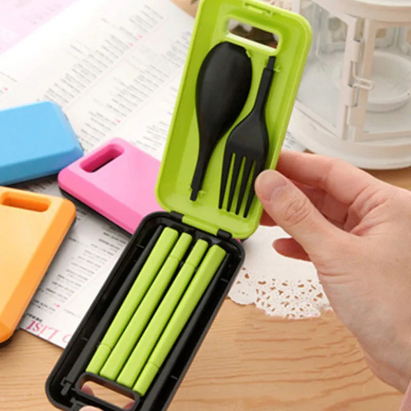 Three-Piece Portable Tableware Sets With Folding Combination Fork Chopsticks Bento Lunch Box Kitchen Tools + Spoon | Дом и сад