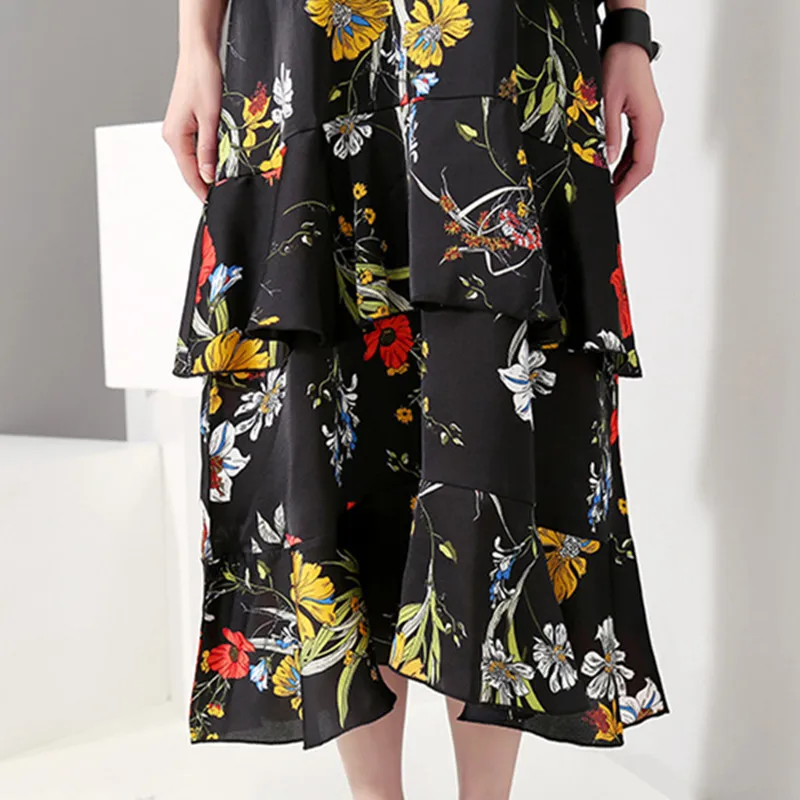 Новинка 2019 корейские женские Платья с цветочным принтом и Каскадными рюшами