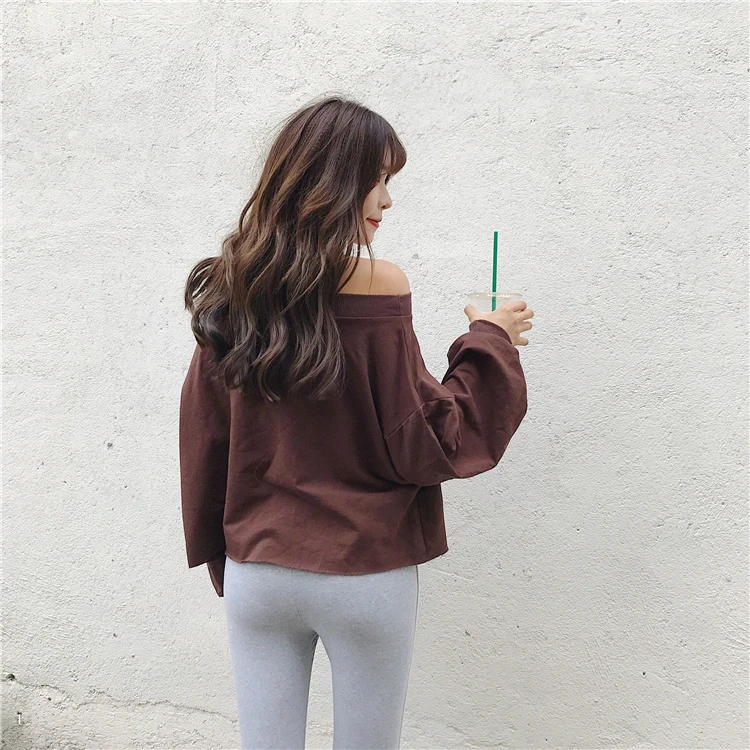 

Sweatshirt Women 2019 Autumn Korean Style Casual Letters Print Off Shoulder Lantern Sleeve Pullover Blouses sudadera mujer 2235
