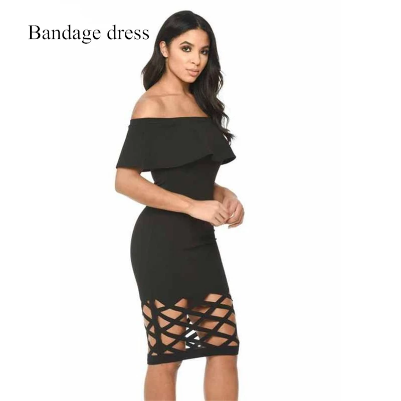 2017 г. женские Бандажное платье черный slash шеи выдалбливают низ оборками Bodycon