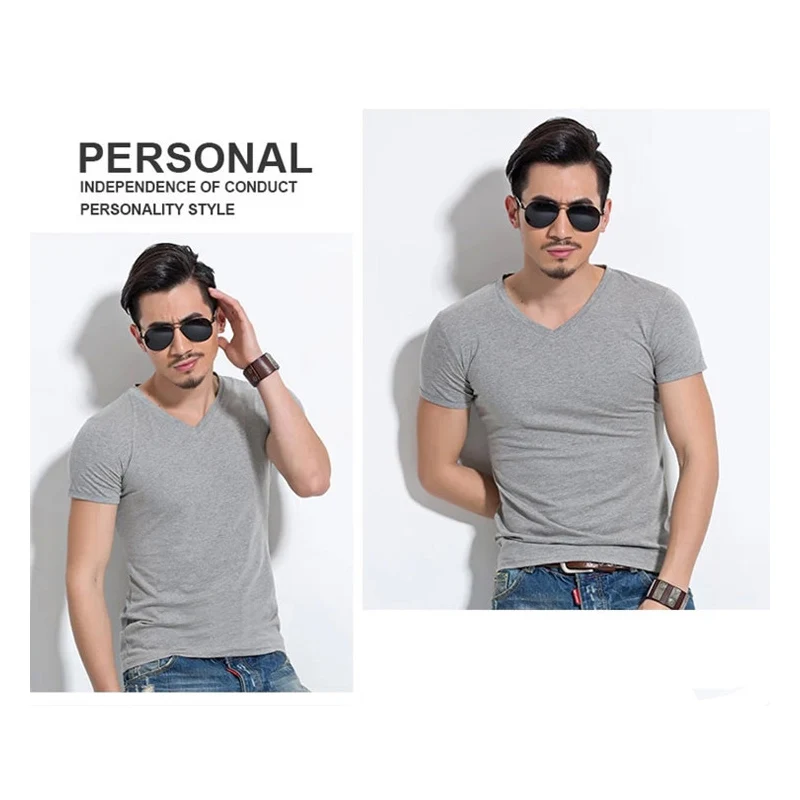 Футболка мужская с V образным вырезом однотонная хлопковая рубашка в стиле хип