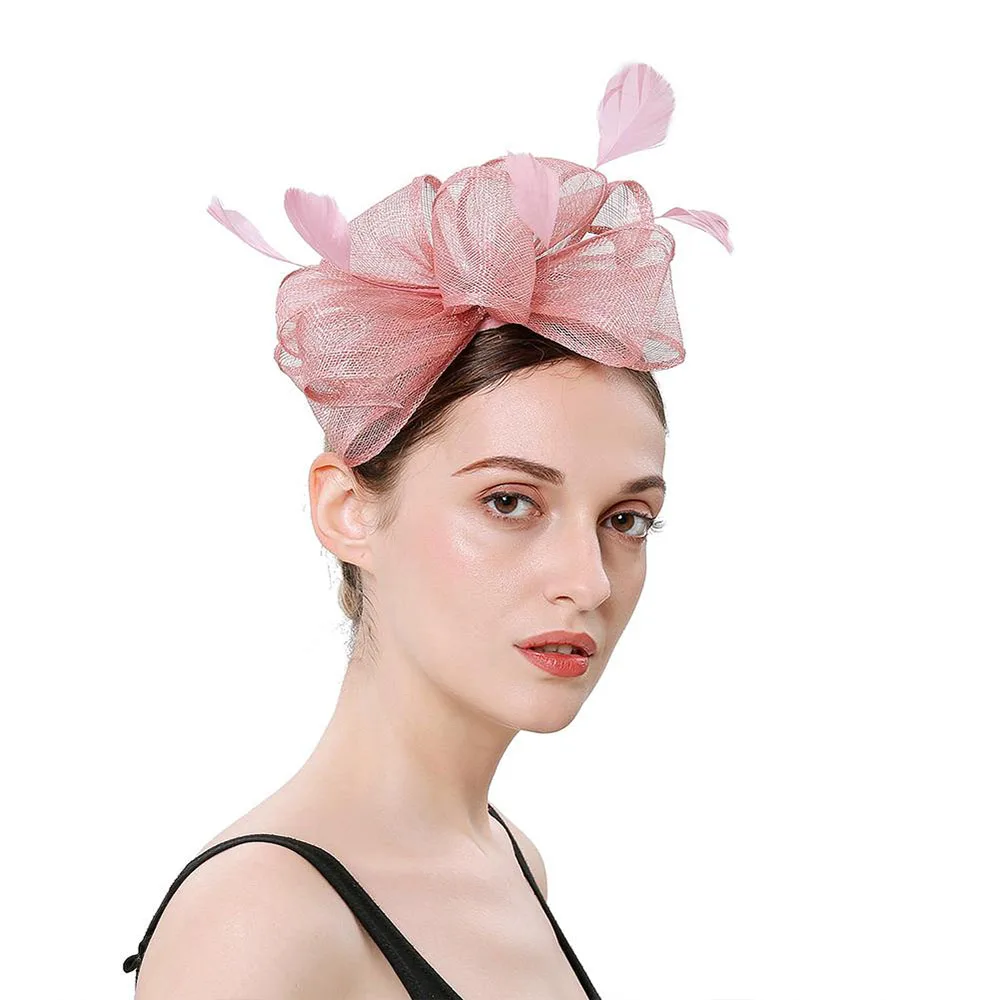 Pink Hat FS Элегантный Бант чародейная шапка Цветок женские церковные шляпы дамы Свадьба невесты аксессуары для волос с пером - Цвет: Pink Hat